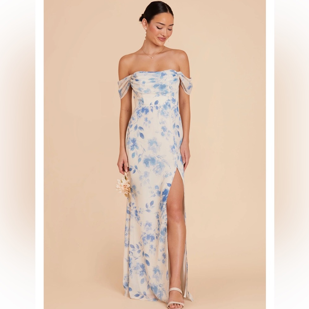 Birdie Grey Blue Floral bridesmaid Dress (off shoulder, strapless,thin straps)
